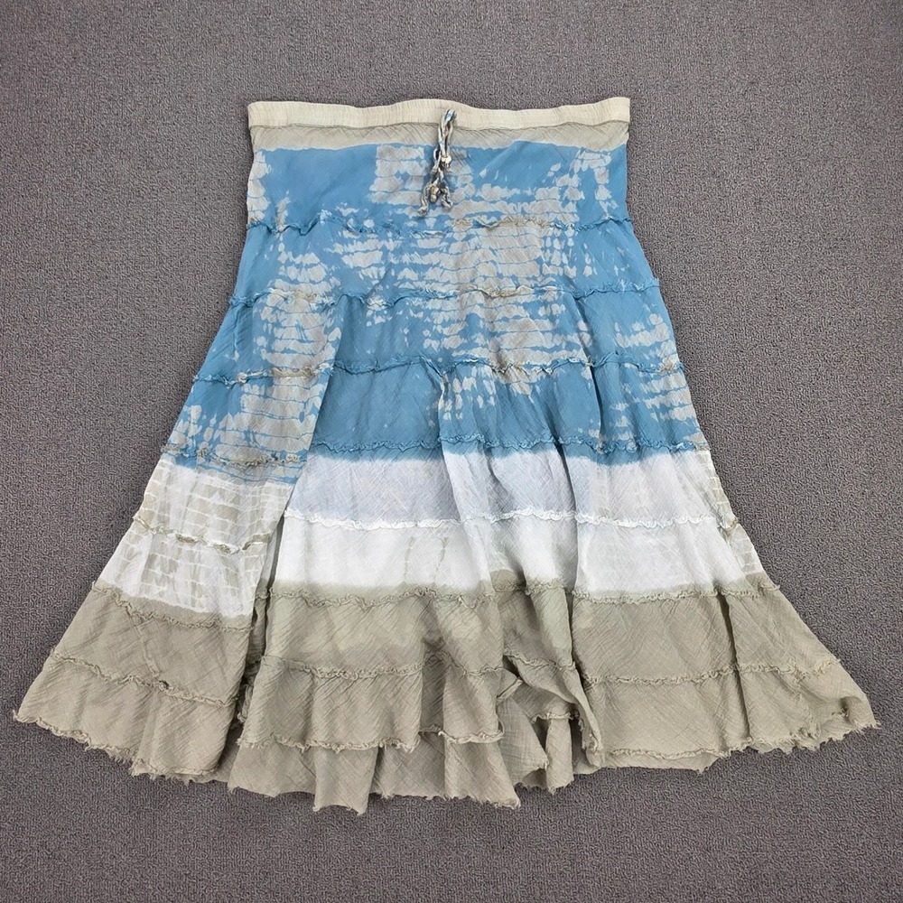 Andi + James Women Blue Tie Dye Tiered Cotton Gauze Midi Skirt Small Boho Beaded